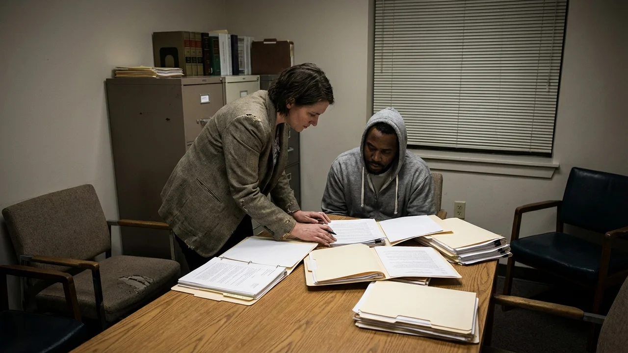 Adwokat w todze rozmawiający z klientem w korytarzu sądu przed rozprawą cywilną