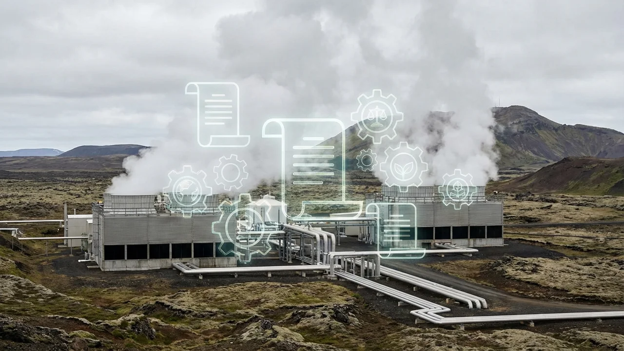 Instalacja geotermalna z rurami ciepłownymi na tle zielonego krajobrazu i budynków przemysłowych