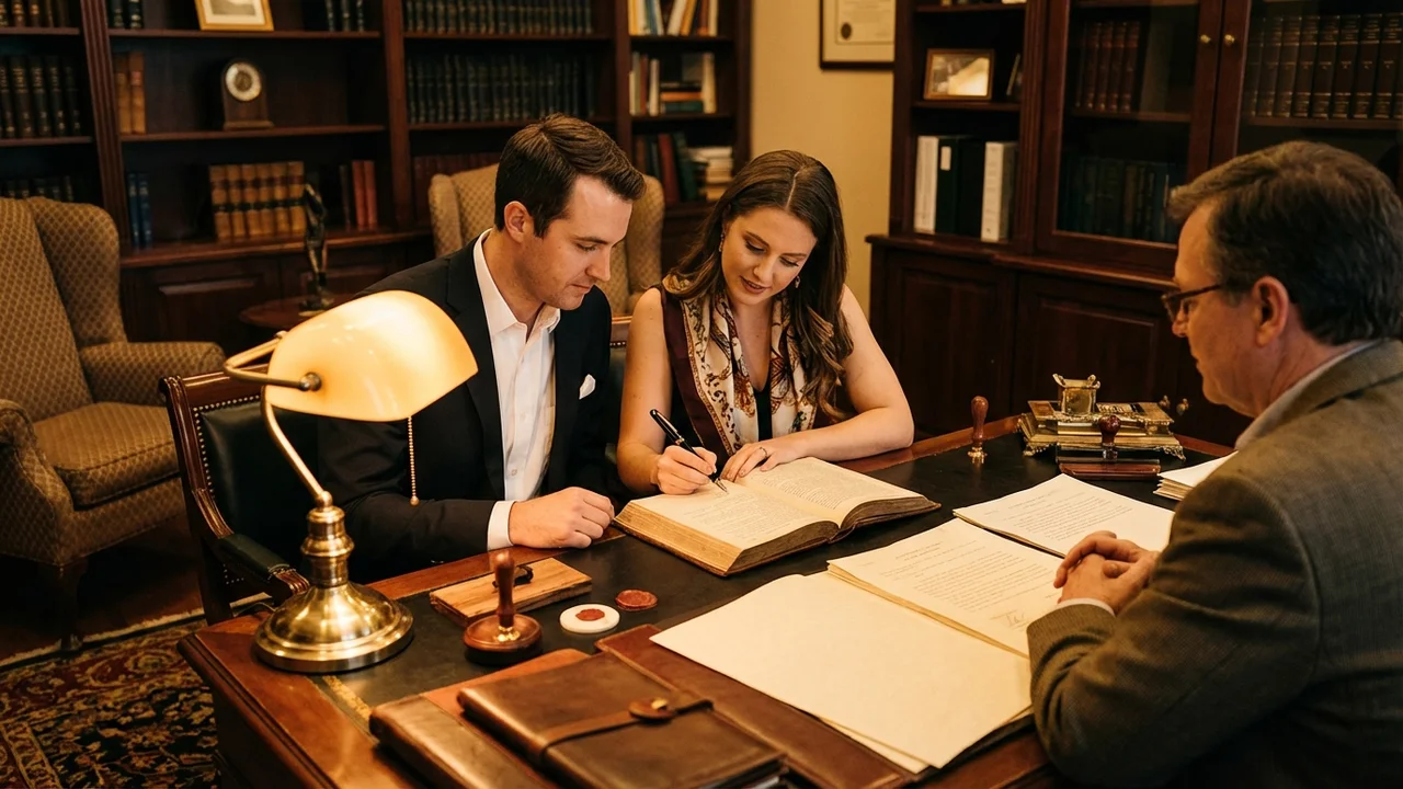 Notariusz omawiający warunki intercyzy z parą małżeńską w eleganckim gabinecie notarialnym