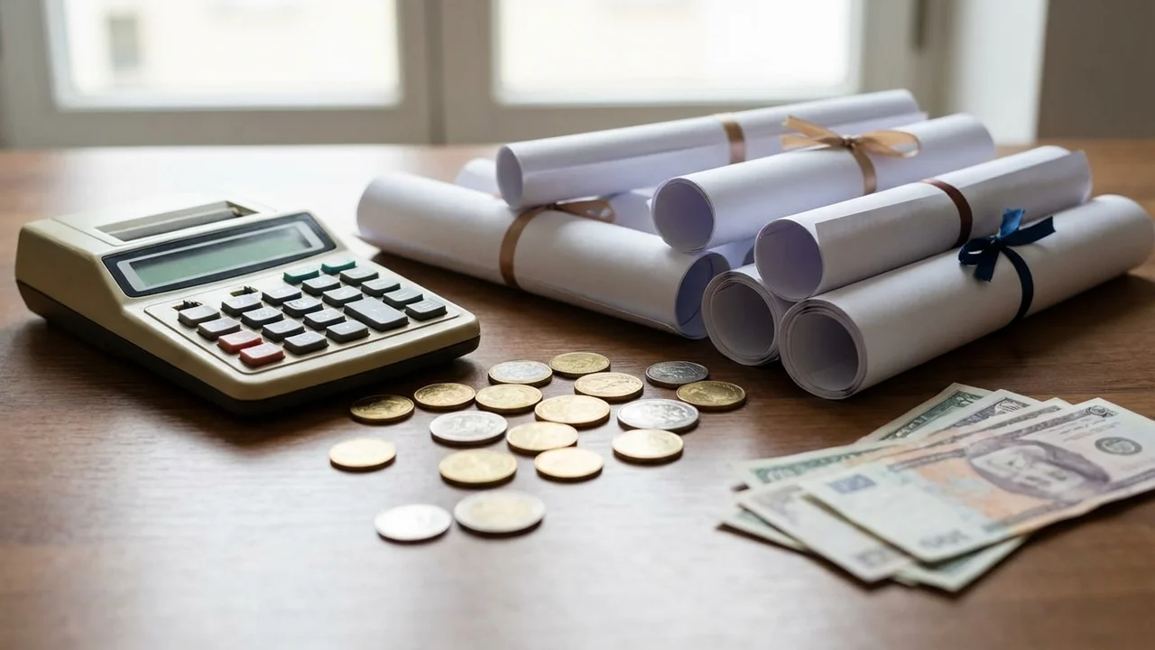 Kalkulator i dokumenty finansowe na biurku obok kodeksu prawnego w gabinecie mediatora sądowego