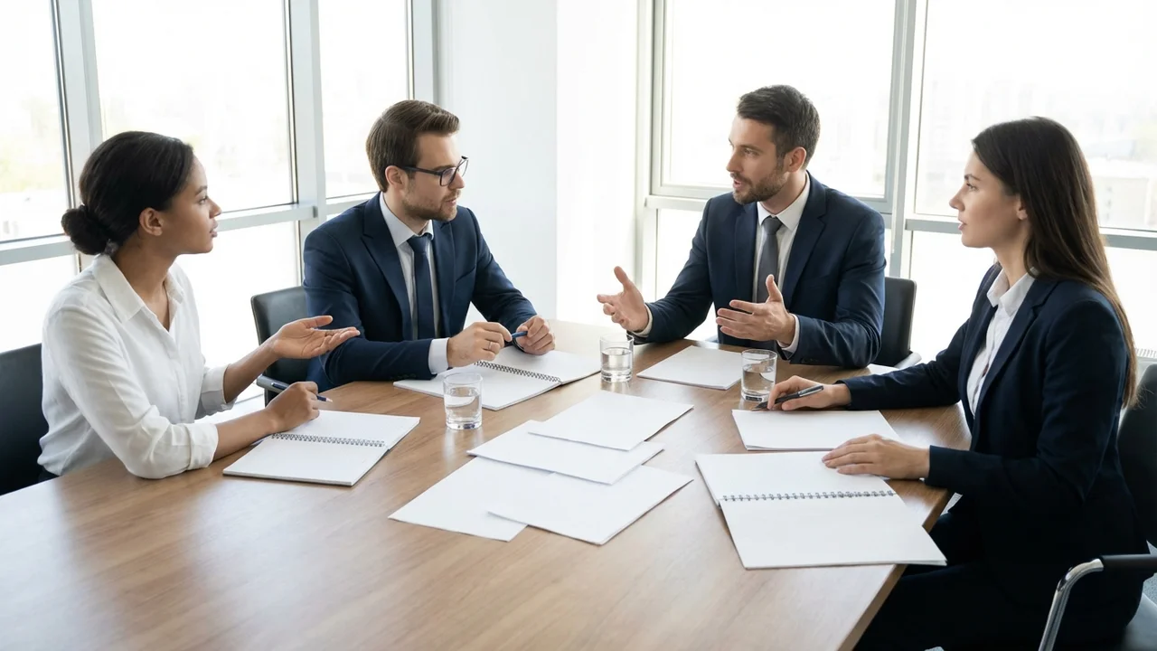 Trzy osoby podczas sesji mediacyjnej przy stole konferencyjnym z dokumentami i aktami sprawy cywilnej