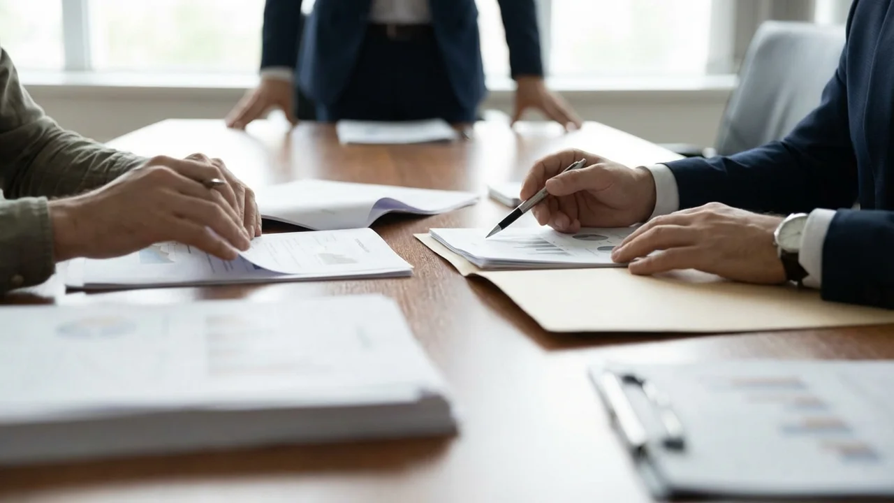 Trzy osoby podczas mediacji cywilnej w gabinecie prawnym z dokumentami na stole