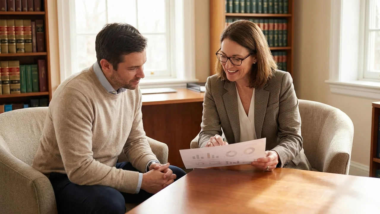 Trzech młodych mediatorów omawiających koszty mediacji przy stole z dokumentami