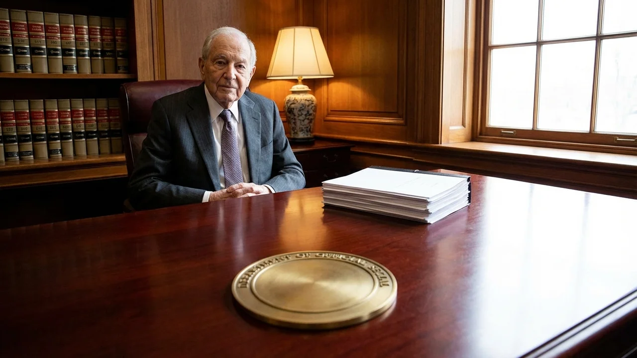 Notariusz w todze podpisujący akt notarialny przy biurku pełnym dokumentów prawnych i pieczęci