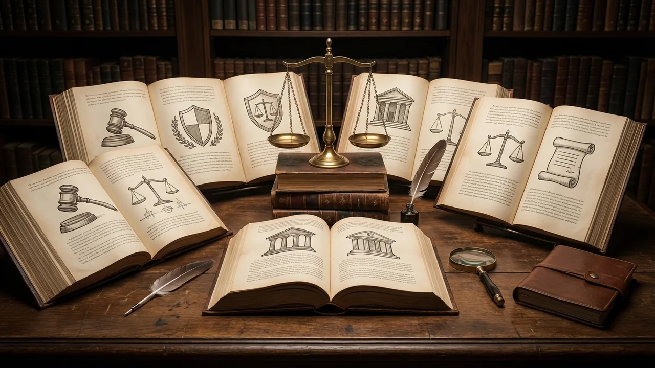 Otwarte kodeksy prawne i podręczniki prawa ułożone na biurku w bibliotece prawniczej