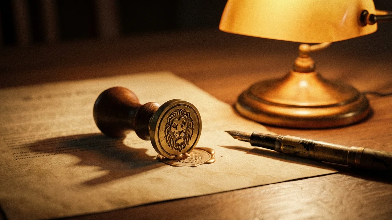 Dłonie notariusza przykładającego pieczęć urzędową do dokumentu prawnego na mahoniowym biurku