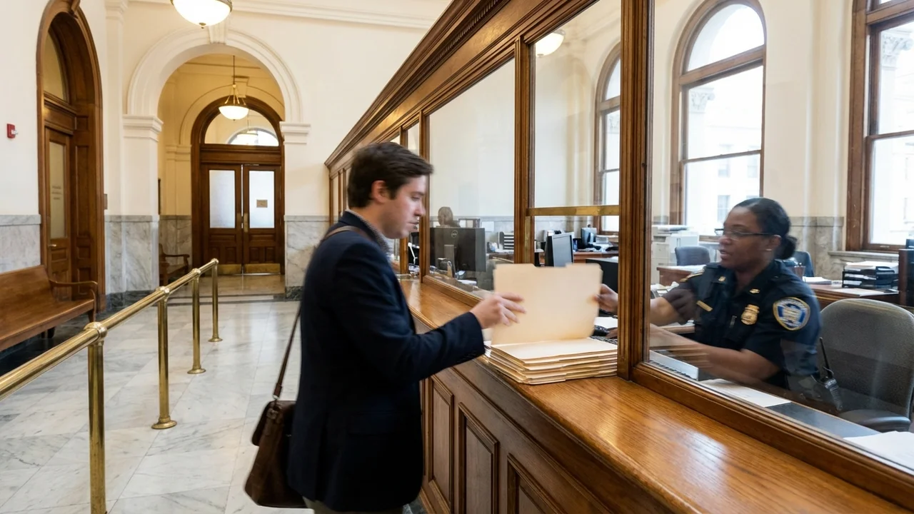 Sala sądowa podczas rozprawy cywilnej z sędzią za biurkiem i stronami procesu przy ławach