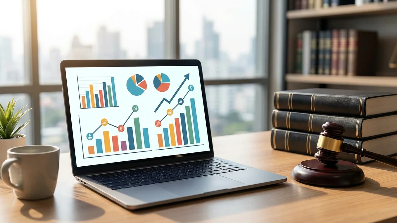 Ekran laptopa z wynikami wyszukiwania Google dla kancelarii prawnej w nowoczesnym biurze