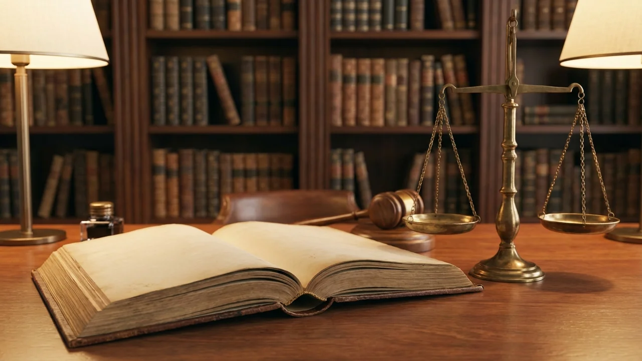 Kodeks cywilny otwarty na stole obok wagi Temidy i młotka sędziowskiego w gabinecie prawnika