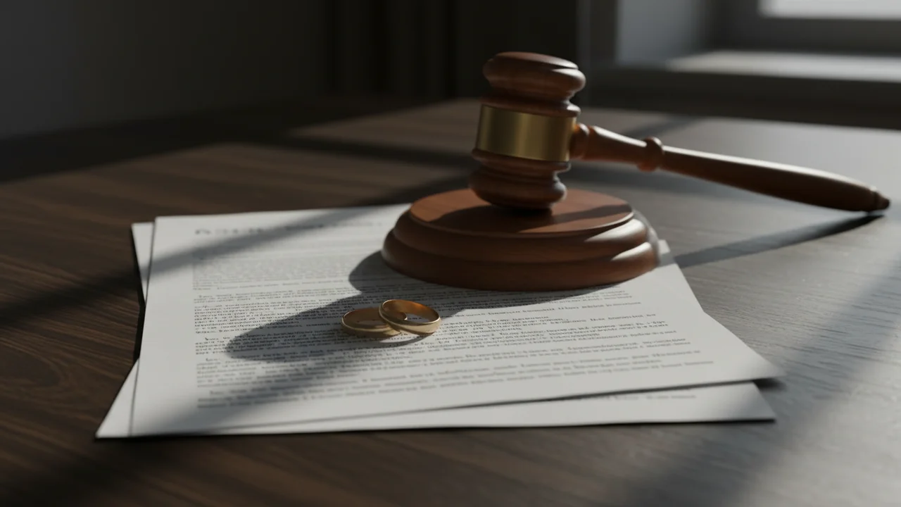 Obrączki ślubne na dokumentach rozwodowych obok młotka sędziowskiego — procedura rozwodowa