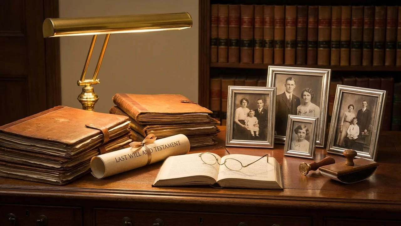 Prawnik omawiający dokumenty spadkowe z rodziną klienta przy stole konferencyjnym w kancelarii