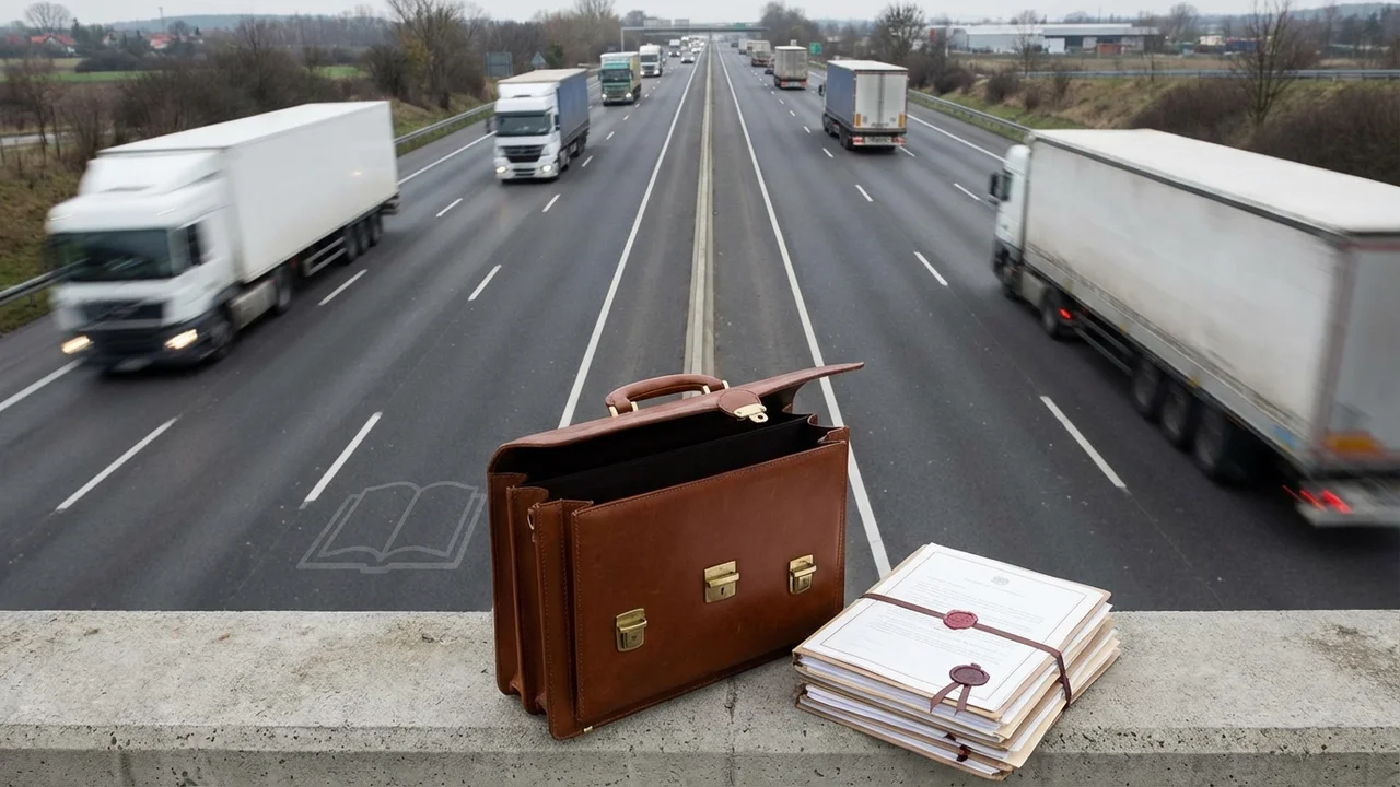 Ciężarówki transportowe na autostradzie w Polsce przy zachodzącym słońcu, ruch drogowy