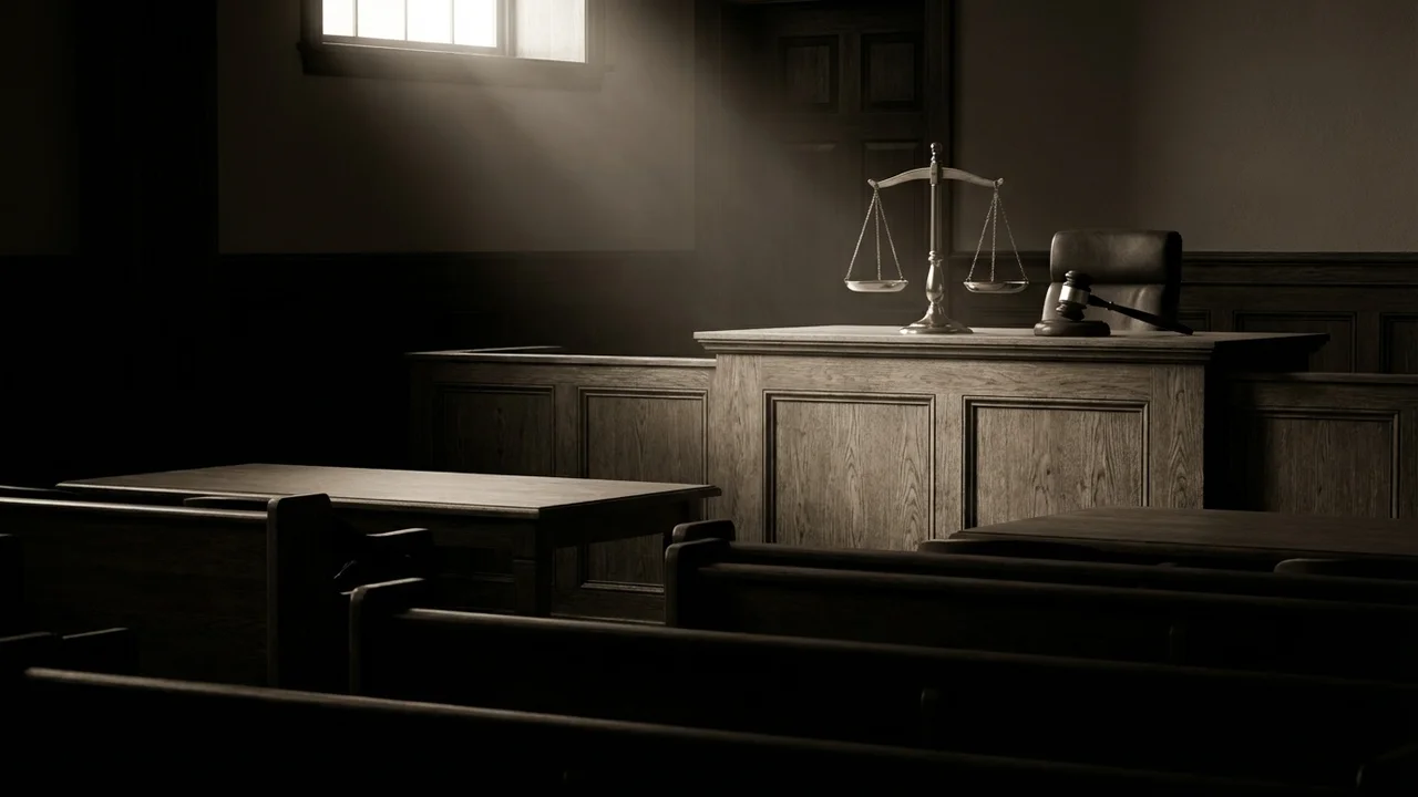 Wnętrze sali sądowej z ławą przysięgłych i symbolami wymiaru sprawiedliwości podczas rozprawy karnej