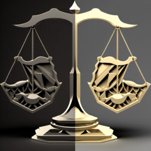waga obrazująca podział prawa, podzielona na pół, lewa strona srebrna, prawa złota